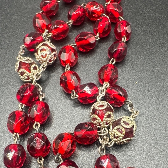 Vintage “AK” Sterling Red Crystal Rosary Necklace CATHOLIC NECKLACE CRUCIFIX - Picture 5 of 5